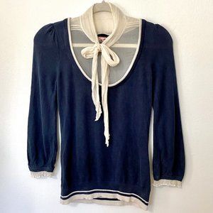 Vintage Y2K Juicy Couture Silk Knit Tie Front Button Blouse Navy Cream Top Small
